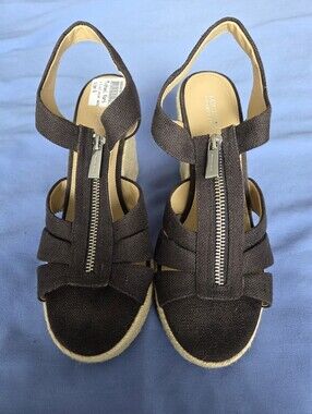 Michael Kors Brown Canvas Zip-Front Espadrille Wedge Sandals